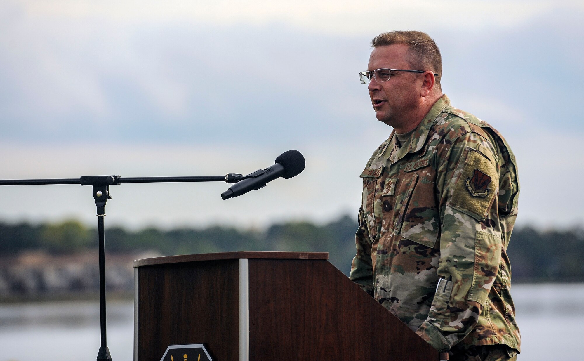 Chief Master Sgt. David Wade, command chief of ACC, gives a speech during an ACC quarterly award ceremony at Memorial Park on Joint Base Langley-Eustis, Virginia, Oct. 25, 2019. In addition to the ceremony, General Mike Holmes, commander of ACC, also led a resiliency walk during the day’s events. The walk gave staff members the opportunity to connect with their coworkers outside of the office. (U.S. Air Force photo by Tech. Sgt. Nick Wilson)