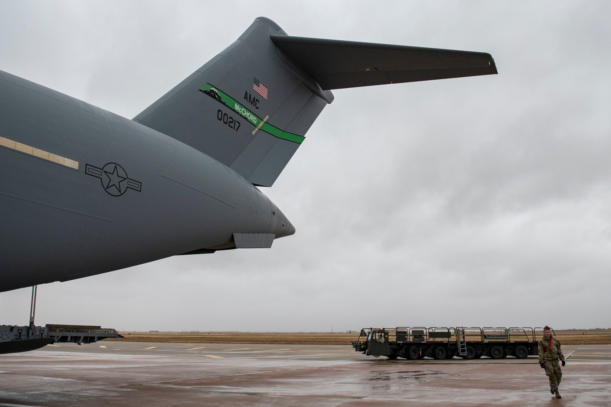 Rice and soy meals are flown to Honduras on a C-17.