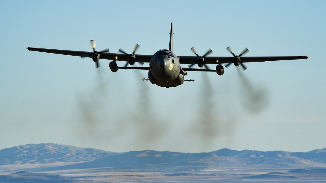 A C-130 Hercules assigned to the Air Force Reserve 757th Airlift Squadron flies over the Utah Test and Training Range Oct. 24, 2019, during an aerial spray operation.