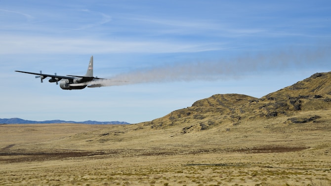 A C-130 Hercules assigned to the Air Force Reserve 757th Airlift Squadron flies over the Utah Test and Training Range Oct. 24, 2019, during an aerial spray operation.