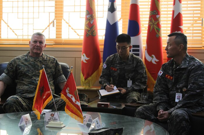 Maj. Gen. Bradley S. James, Commander of U.S. Marine Corps Forces Korea and Maj. Gen. Kim, Tae-sung, commanding general of 1st ROK Marine Division meet to discuss the future of the U.S. and ROK Marine relationship, and the importance of their unity, 28 October. (U.S. Marine Corps photo by Sgt. Parker Golz)