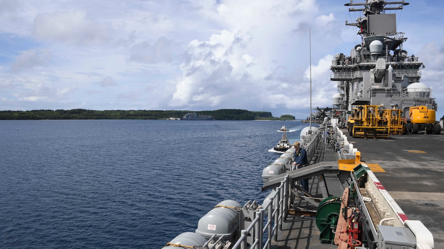 APRA HARBOR, GUAM (Oct. 30 2019) The amphibious assault ship USS Boxer (LHD 4) transits Apra Harbor. The Boxer Amphibious Ready Group (ARG) and 11th Marine Expeditionary Unit (MEU) are deployed to the U.S. 7th Fleet area of operations to support regional stability, reassure partners and allies, and maintain a presence to respond to any crisis ranging from humanitarian assistance to contingency operations.