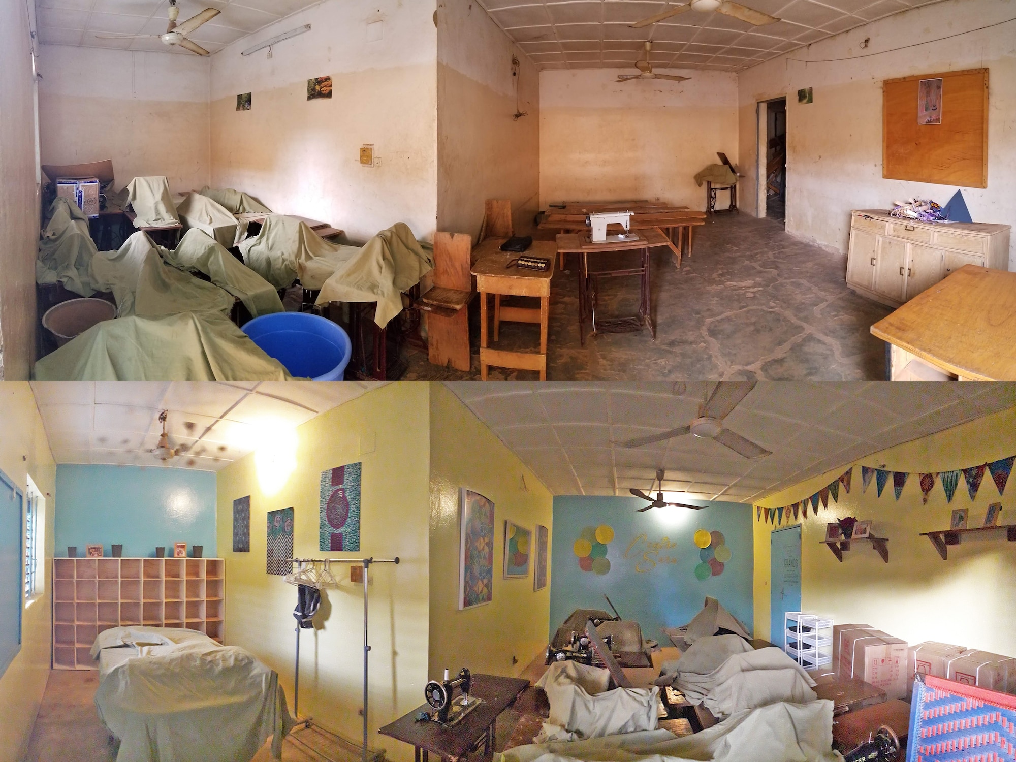 Pictured on top is the before and on bottom the after of renovation efforts at the Sara-Niger Rehabilitation Center Movement for Women and Girls in Niamey, Niger. From Sept. 21 to Oct. 14, 2019, Airmen deployed to Nigerien Air Base 101 and U.S. Embassy personnel renovated the local women’s vocational school that teaches local women techniques for making clothing, providing them with a profession and a source of income. (Courtesy Photo)