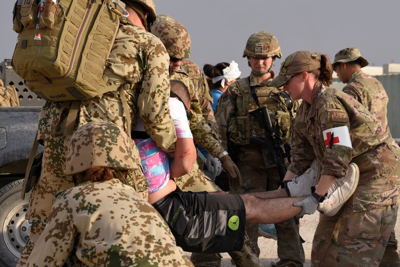 The 332d Air Expeditionary Wing coordinated a Mass Casualty (MASCAL) exercise on Oct. 16, 2019. Several key players from the 332d Expeditionary Medical Group and coalition medical team partners from the Royal Jordanian Air Force (RJAF) and German Air Force partnered together with the 332 AEW first responder units.