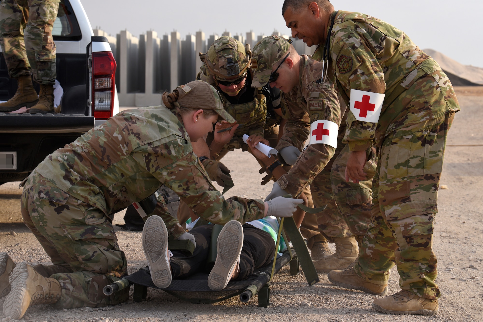 The 332d Air Expeditionary Wing coordinated a Mass Casualty (MASCAL) exercise on Oct. 16, 2019. Several key players from the 332d Expeditionary Medical Group and coalition medical team partners from the Royal Jordanian Air Force (RJAF) and German Air Force partnered together with the 332 AEW first responder units.