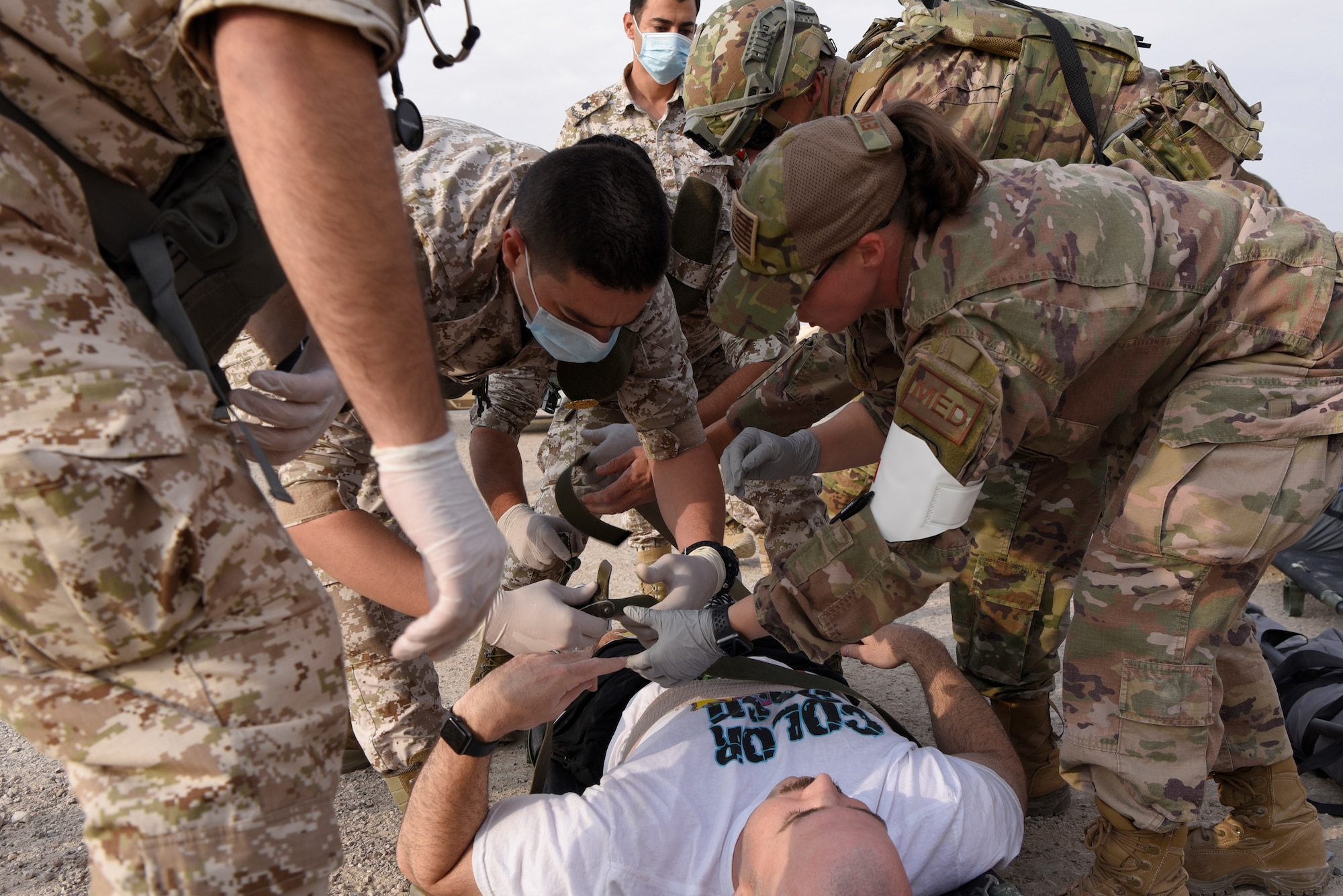 The 332d Air Expeditionary Wing coordinated a Mass Casualty (MASCAL) exercise on Oct. 16, 2019. Several key players from the 332d Expeditionary Medical Group and coalition medical team partners from the Royal Jordanian Air Force (RJAF) and German Air Force partnered together with the 332 AEW first responder units.