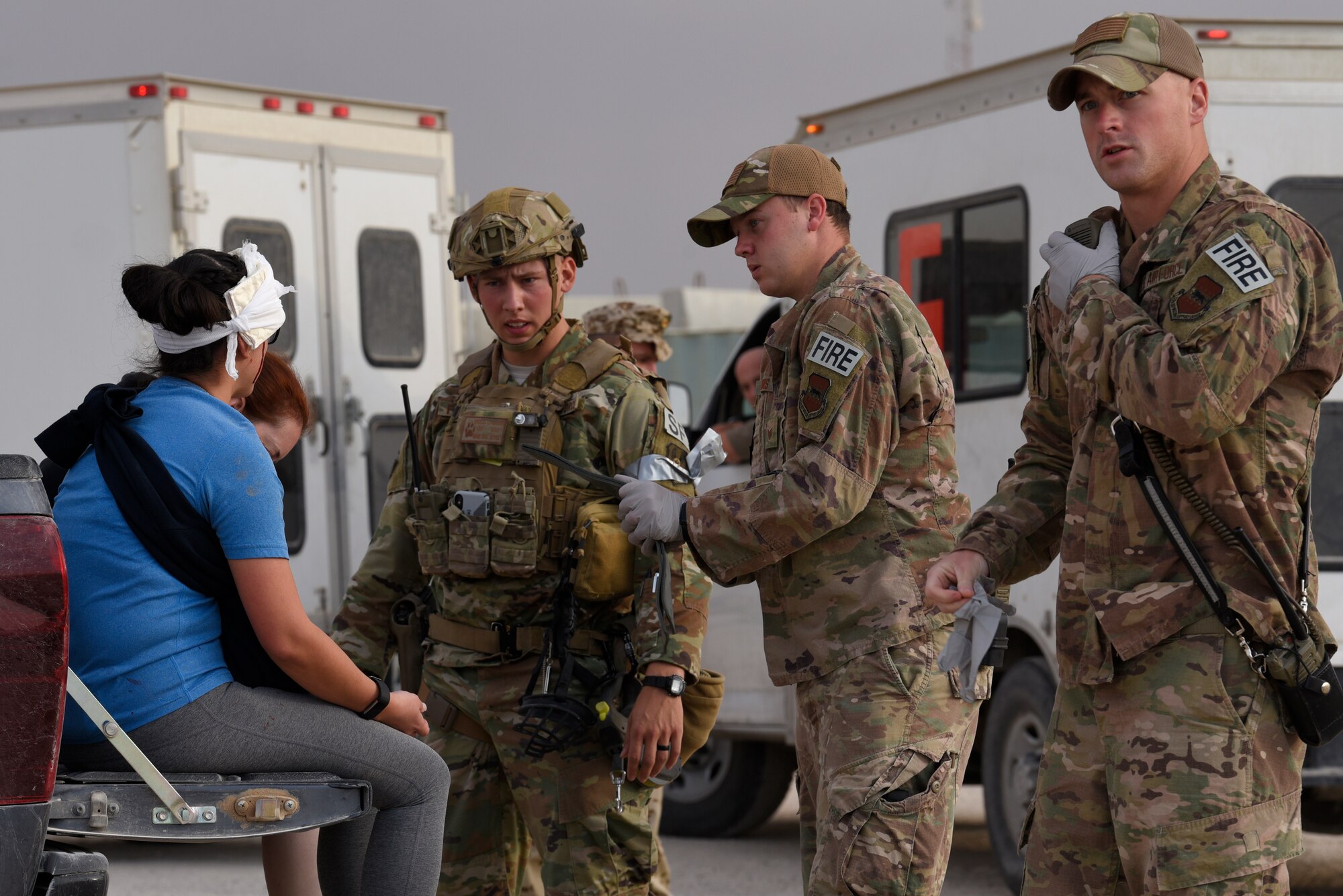 The 332d Air Expeditionary Wing coordinated a Mass Casualty (MASCAL) exercise on Oct. 16, 2019. Several key players from the 332d Expeditionary Medical Group and coalition medical team partners from the Royal Jordanian Air Force (RJAF) and German Air Force partnered together with the 332 AEW first responder units.