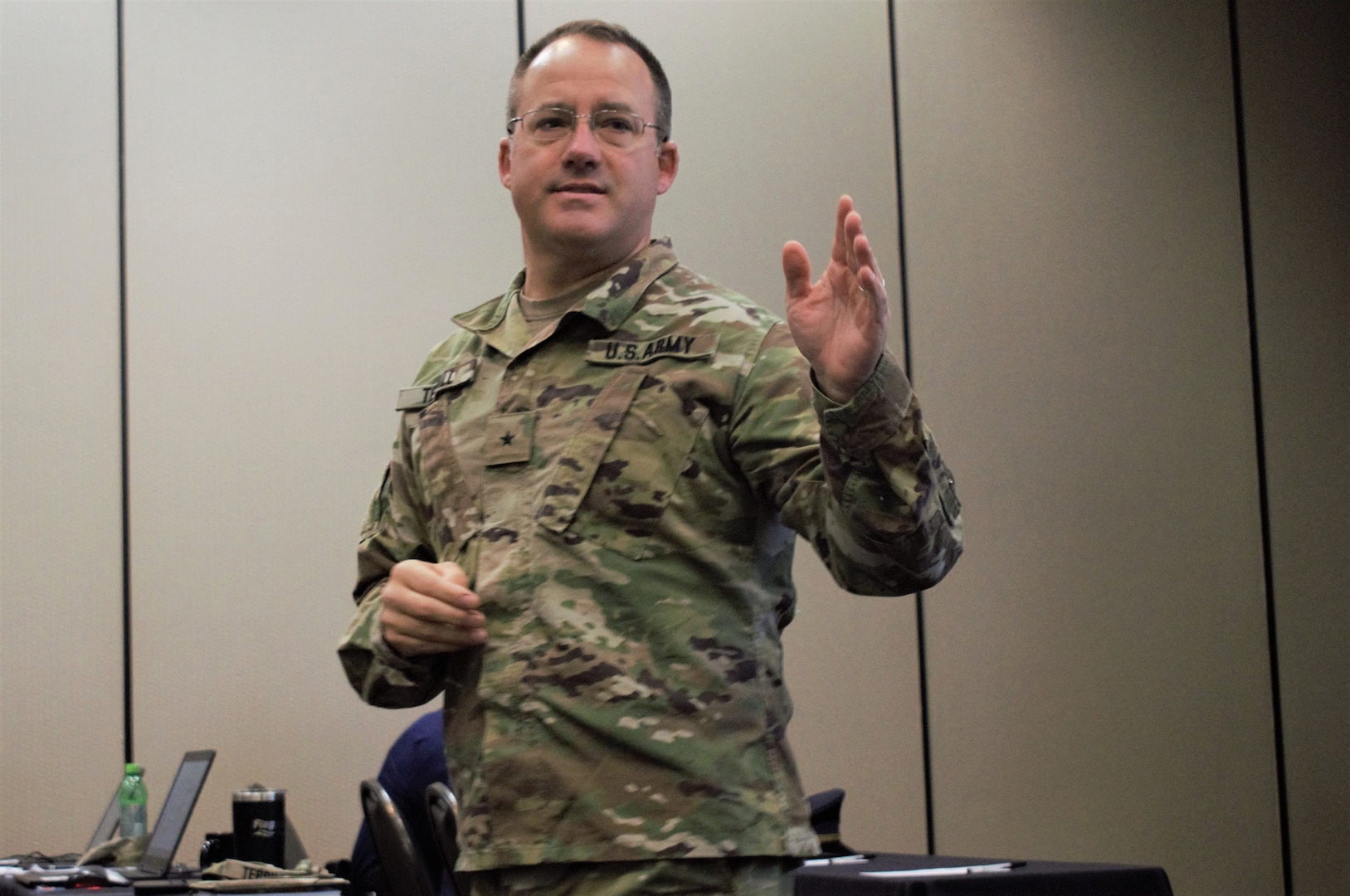 Brig. Gen. Jeff Terrill, assistant adjutant general for exercises, Michigan National Guard, addresses about 150 people from more than 40 military, local government and civilian agencies Oct. 23, 2019, near the Michigan State Capitol in Lansing, during a meeting to strengthen relationships and coordination ahead of exercise Northern Exposure 20/Rising Waters 2020.