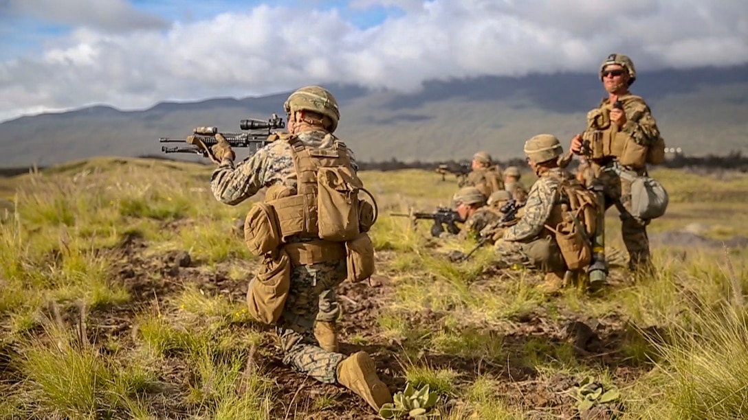 U.S Marines with Charlie Company, 1st Battalion, 3rd Marine Regiment, conduct a platoon attack on Range 10 during exercise Bougainville II at Pohakuloa Training Area, Hawaii, Oct. 22, 2019. Bougainville II is the second phase of pre-deployment exercise conducted by the battalion to enhance unit comradery and combat readiness.