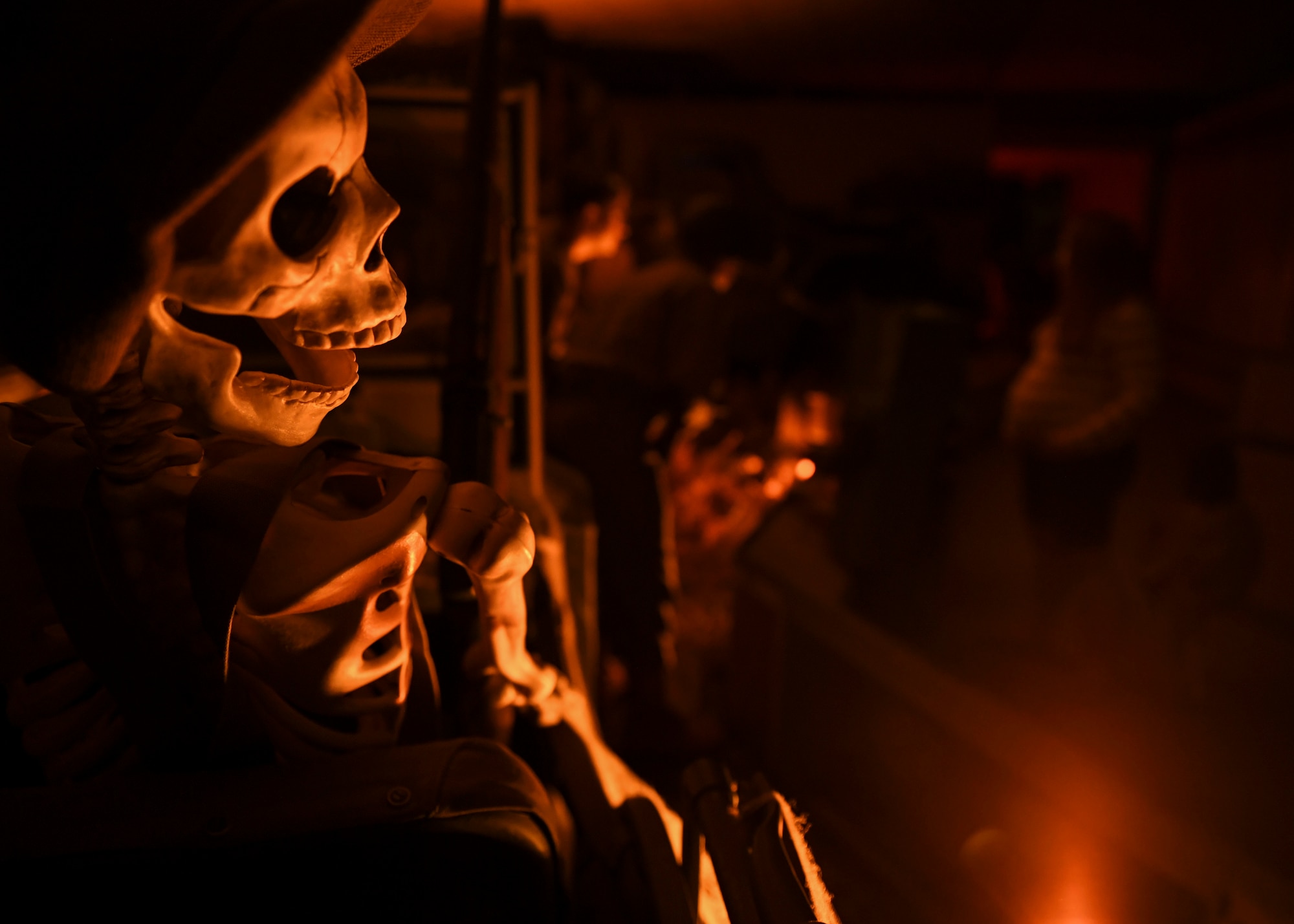 A skeleton is on display at the Night at the Transportation Museum Halloween celebration at Joint Base Langley-Eustis, Virginia, Oct. 28, 2019.