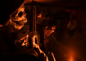 A skeleton is on display at the Night at the Transportation Museum Halloween celebration at Joint Base Langley-Eustis, Virginia, Oct. 28, 2019.