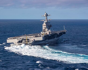 The aircraft carrier USS Gerald R. Ford (CVN 78) conducts high-speed turns in the Atlantic Ocean, Oct. 29, 2019.