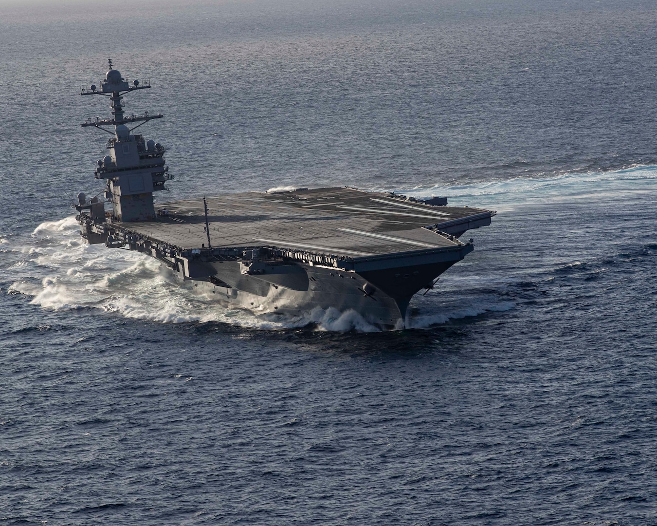 The aircraft carrier USS Gerald R. Ford (CVN 78) conducts high-speed turns in the Atlantic Ocean, Oct. 29, 2019.