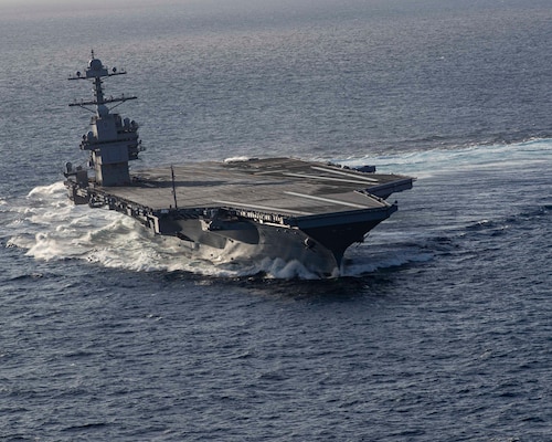 The aircraft carrier USS Gerald R. Ford (CVN 78) conducts high-speed turns in the Atlantic Ocean, Oct. 29, 2019.
