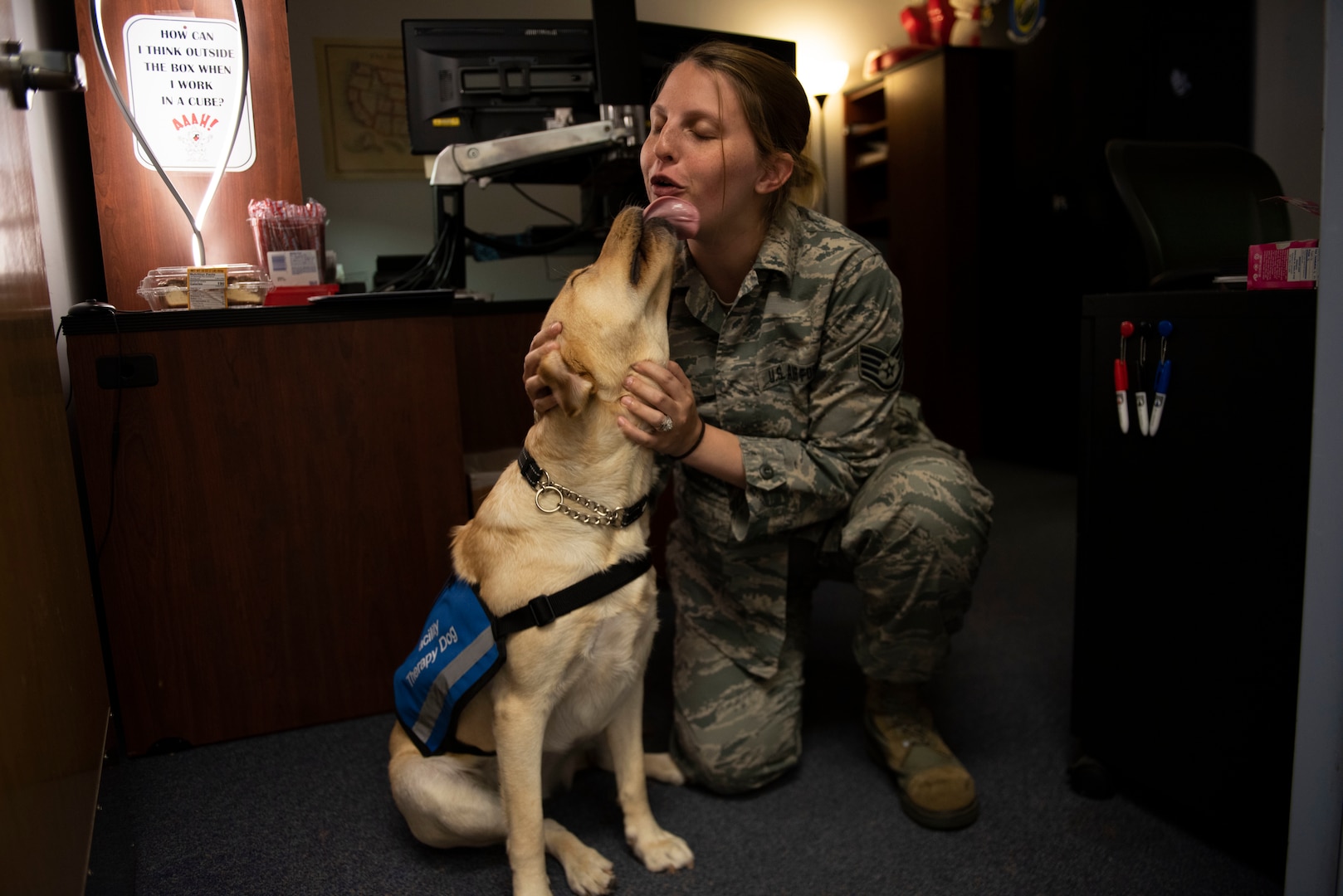 Staff Sgt. Lynn Pilj, 168th Maintenance Squadron unit training manager, spends time with Kansas, the Alaska Air National Guard 168th Wing therapy dog at Eielson Air Force Base, Alaska, July 22, 2019. Kansas works with the 168th Wing's director of psychological health, Jane Lorenz, to break down interpersonal barriers and help Airmen connect with one another.