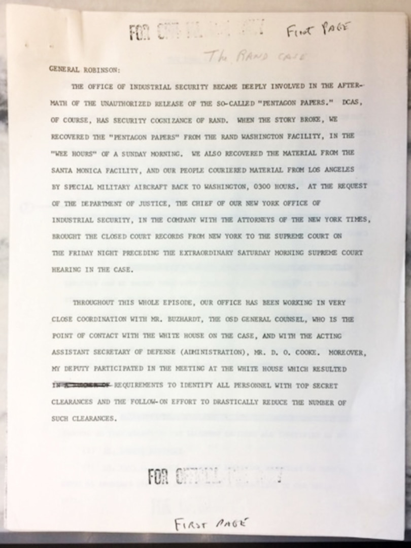 A printed page of the Pentagon Papers with notations