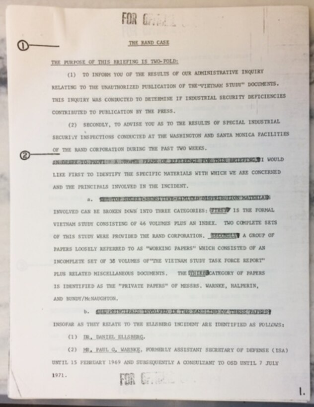 A printed page of the Pentagon Papers with notations