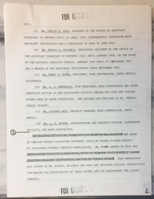 A printed page of the Pentagon Papers with notations