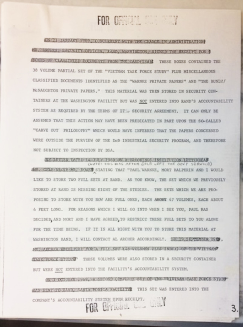 A printed page of the Pentagon Papers with notations