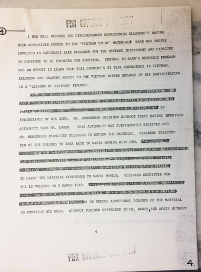 A printed page of the Pentagon Papers with notations