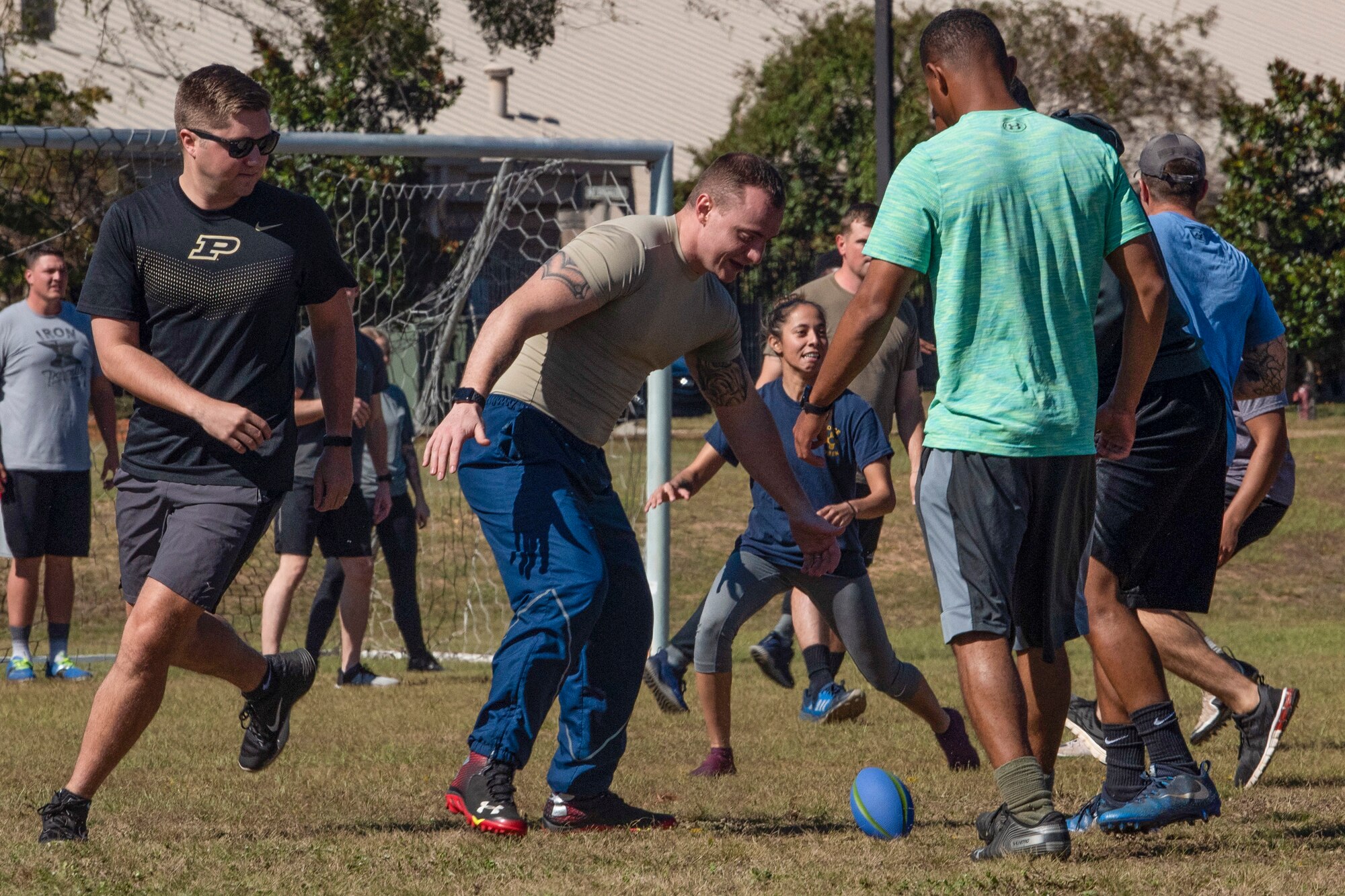 Members of the 20th Security Forces Squadron engage in a game of “Avengerball” during their physical training time at Shaw Air Force Base, South Carolina, Oct. 17, 2019.