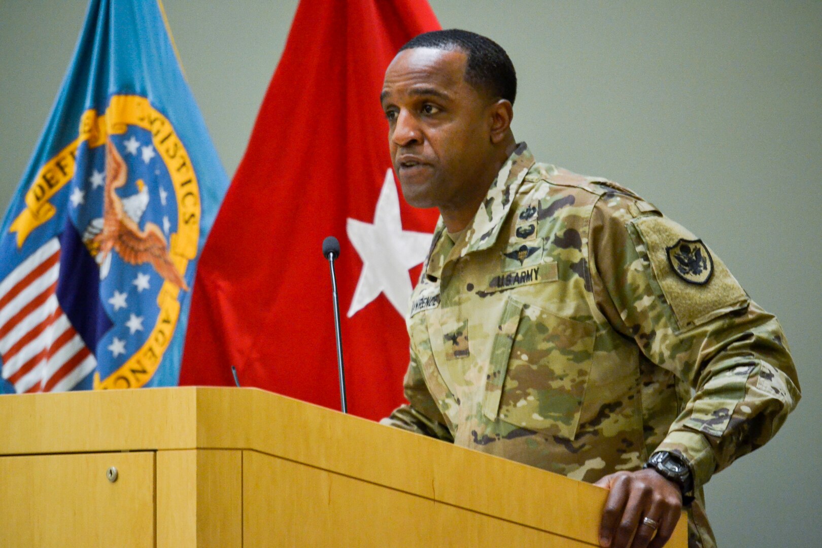 DLA Troop Support Commander Army Brig. Gen. Gavin Lawrence addresses the workforce attending the three-day Troop Support Academy, held Oct. 22-24 in Philadelphia. The event also included a trip to the Joint Base McGuire-Dix-Lakehurst, New Jersey. (Photo by Christian DeLuca)