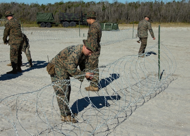 U.S. Marines with 8th Engineer Support Battalion, 2nd Marine Logistics Group, notionally breach an area of the beach during Type Commander Amphibious Training (TCAT) 20.1 on Onslow Beach, Camp Lejeune, North Carolina, Oct. 21-26, 2019. TCAT is a mobility exercise ashore in order to gain the requisite skills and experience to integrate with the U.S. Navy in follow on exercises and real-world operations.