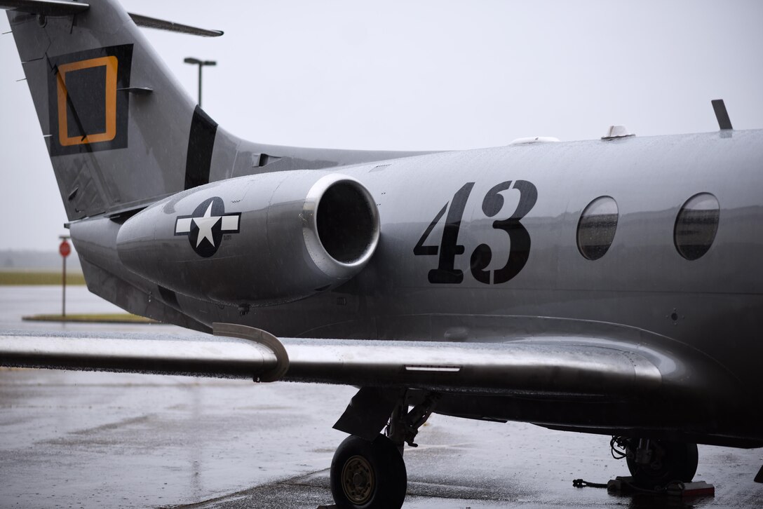 The back half of the 43rd Flying Training Squadron’s T-1 Jayhawk heritage flagship aircraft sits on the flight line, Oct. 25, 2019, on Columbus Air Force Base, Miss. In 1942 the 43rd FTS provided air crew training for B-17 crews that were organized into several new bomb groups including the 96th Bomb Group. (U.S. Air Force photo by Senior Airman Keith Holcomb)