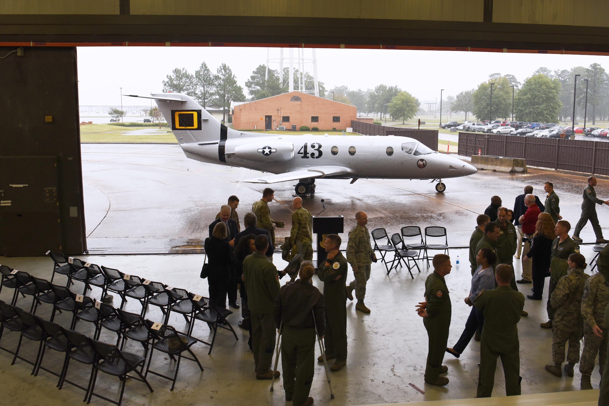 Members of the 43rd Flying Training Squadron and members of Team Blaze talk with each other Oct. 25, 2019, on Columbus Air Force Base, Miss. From December 1941 to June 1942 the 43rd Bombardment Squadron flew anti-submarine patrols along the Atlantic Coast, Gulf Coast and in the Caribbean. (U.S. Air Force photo by Airman 1st Class Jake Jacobsen)