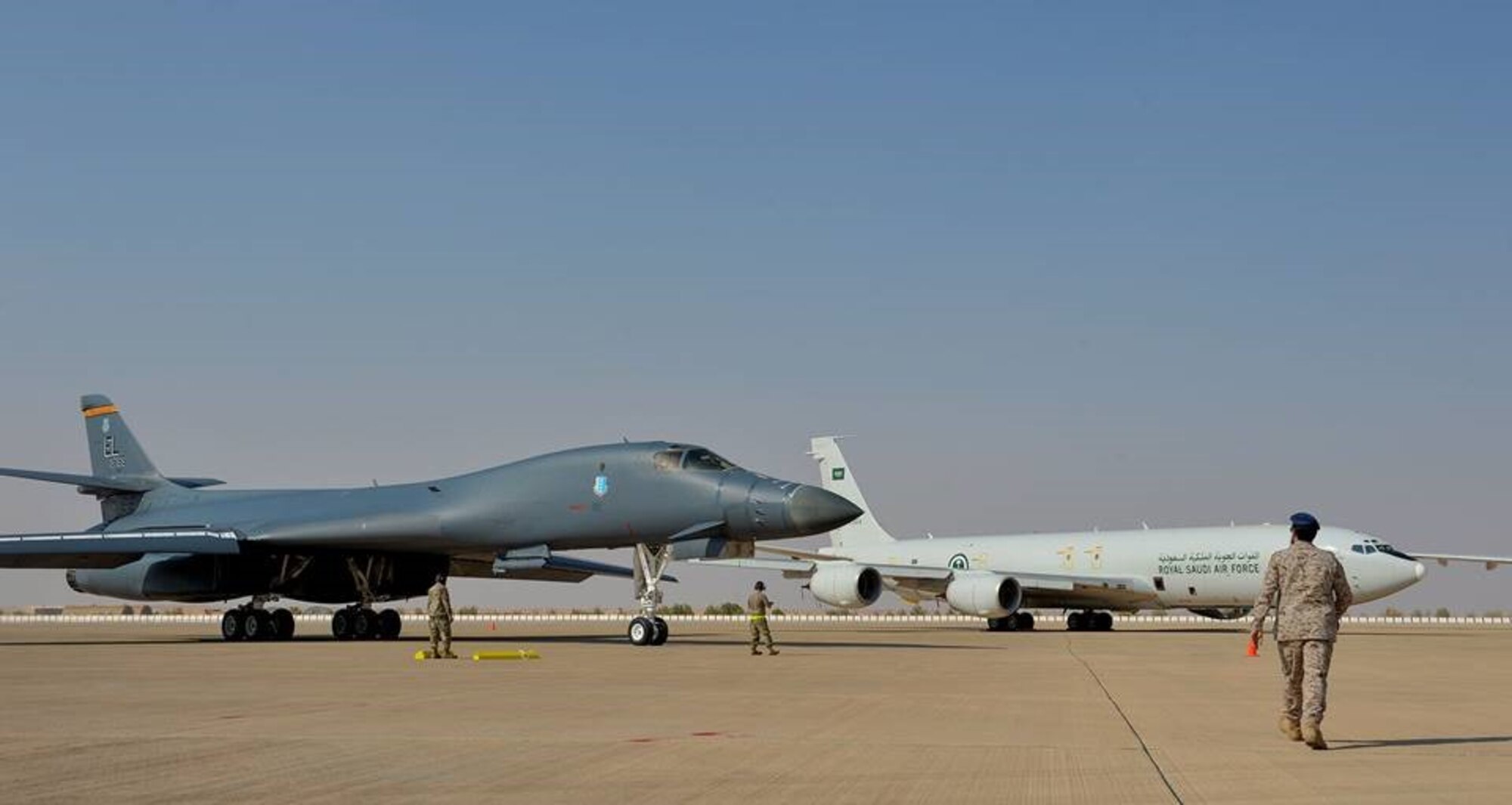 B-1B Lancers from Ellsworth Air Force Base, South Dakota, wait on the flightline after arriving unannounced to Prince Sultan Air Base, Saudi Arabia, Oct. 25, 2019.