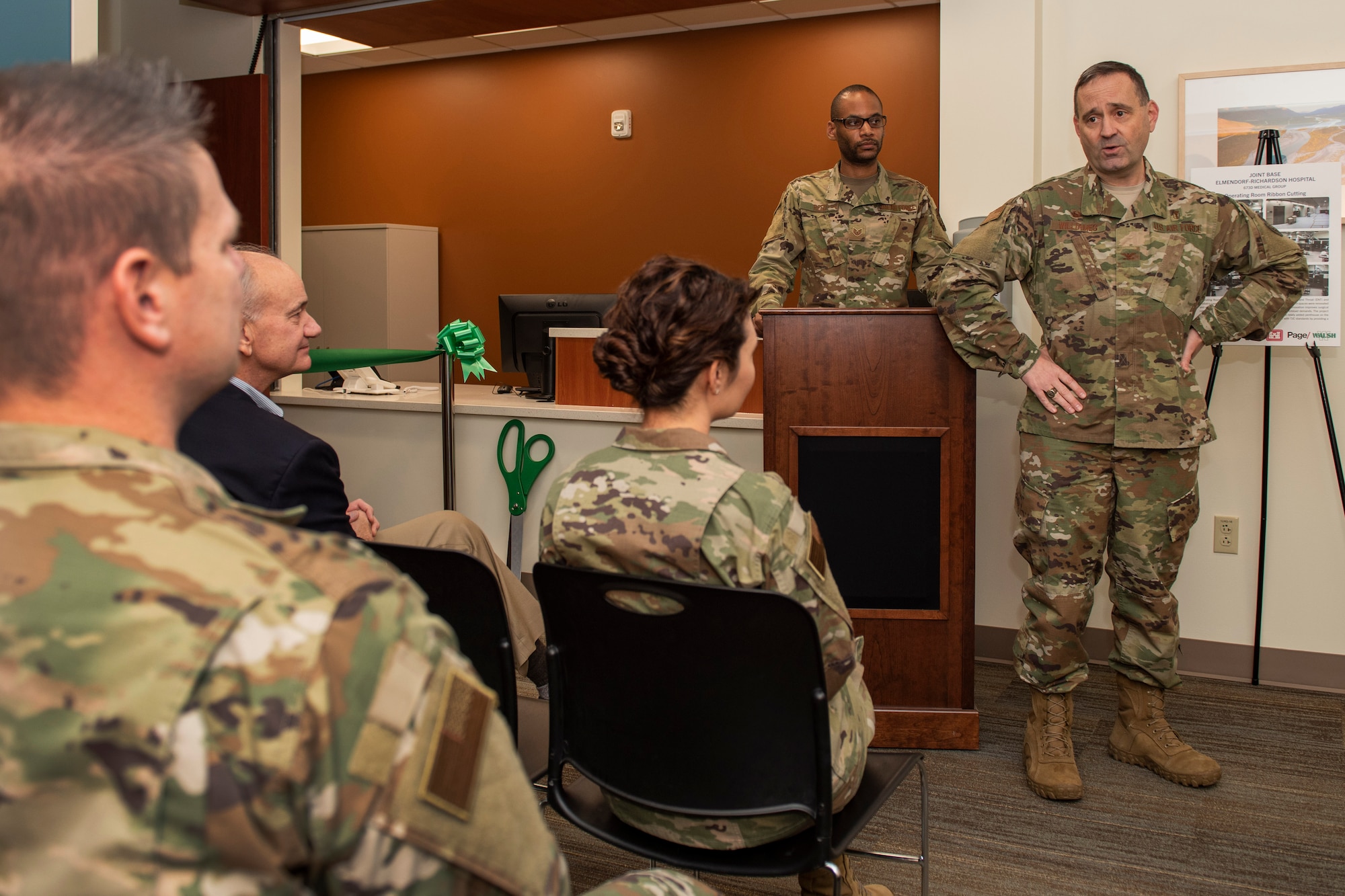 U.S. Air Force Col. Lee D. Williames, 673d Medical Group commander, speaks at a ribbon-cutting ceremony for the new MRI suite in the Joint Base Elmendorf-Richardson hospital on JBER, Alaska, Oct. 28, 2019. The MRI area remodel included the creation of one joint control room, rather than the former two control rooms in separate areas; an upgraded 1.5 Tesla GE scanner; and newer patient amenities like dressing rooms, a reception desk, a waiting area, and murals and lighting in the scanner rooms for patient comfort.