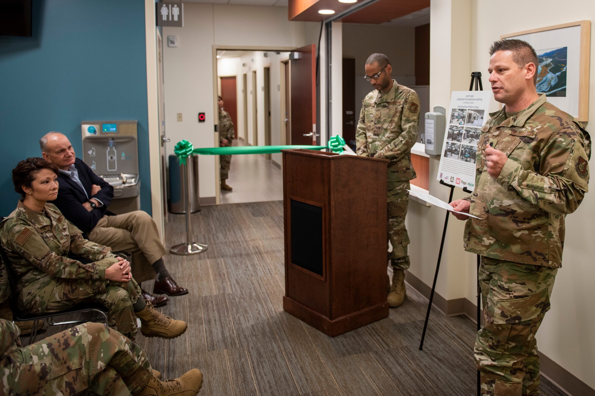 U.S. Air Force Lt. Col. Daniel Moore, 673d Surgical Operations Squadron Operating Room flight commander, speaks at a ribbon-cutting ceremony for the new MRI suite in the Joint Base Elmendorf-Richardson hospital on JBER, Alaska, Oct. 28, 2019. The MRI area remodel included the creation of one joint control room, rather than the former two control rooms in separate areas; an upgraded 1.5 Tesla GE scanner; and newer patient amenities such as dressing rooms, a reception desk, a waiting area, and murals and lighting in the scanner rooms for patient comfort.