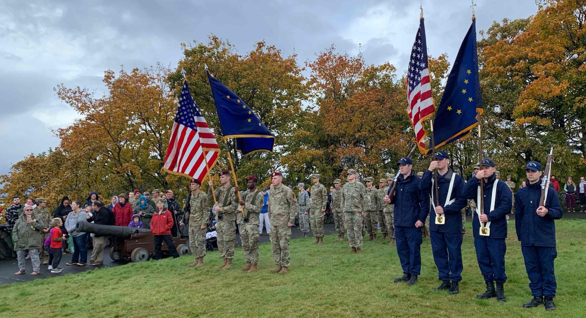 U.S. Army Alaska Soldiers with 725th Brigade Support Battalion, 4th Brigade Combat Team (Airborne), 25th Infantry Division, and the 9th Army Band participate in the 2017 Alaska Day Festival in Sitka, Alaska, Oct. 18. The past and present merged on Oct. 18 as service members participated and reenactors recreated the historical 1867 transfer of the Territory of Alaska from Russia to the United States at Castle Hill in Sitka. The Transfer Ceremony 1867 Commemoration is the main event of the annual Alaska Day Festival, which has been held in the city and Borough of Sitka for 70 years. The USARAK Soldiers continued the legacy of the U.S. Army’s 9th Infantry Regiment troops who participated in the 1867 ceremony. (U.S. Army photo by Derrick Crawford)
