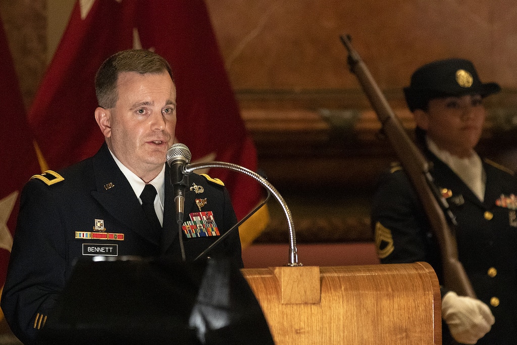Brig. Gen. Mark S. Bennett delivers his first address as the U.S. Army Financial Management Command commanding general during a ceremony at the Indiana War Memorial in Indianapolis, Oct. 25, 2019. In that speech, he promised the USAFMCOM team to give them his very best, and he asked them for their very best in return. (U.S. Army photo by Mark R. W. Orders-Woempner)
