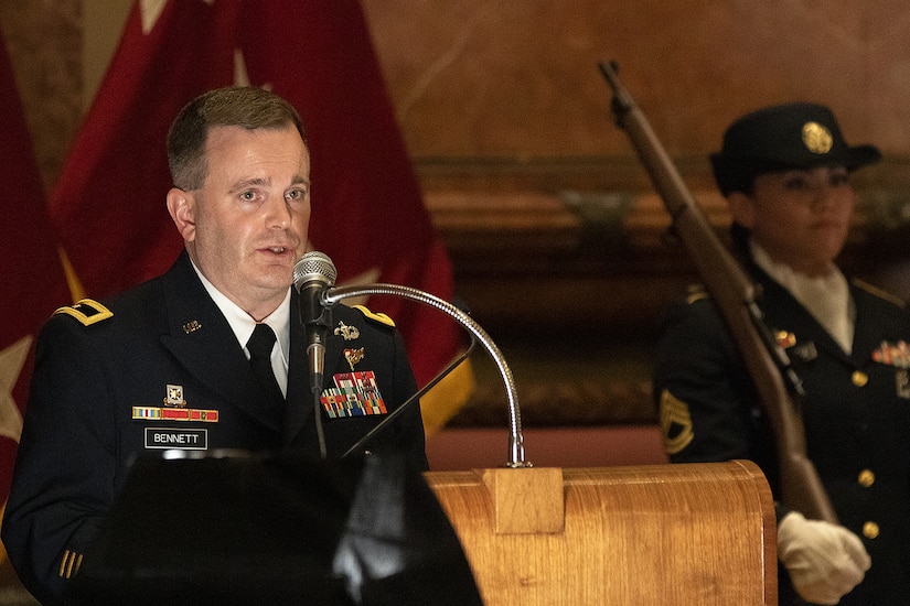 Brig. Gen. Mark S. Bennett delivers his first address as the U.S. Army Financial Management Command commanding general during a ceremony at the Indiana War Memorial in Indianapolis, Oct. 25, 2019. In that speech, he promised the USAFMCOM team to give them his very best, and he asked them for their very best in return. (U.S. Army photo by Mark R. W. Orders-Woempner)