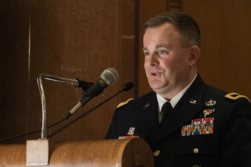 Brig. Gen. Mark S. Bennett delivers his first address as the U.S. Army Financial Management Command commanding general during a ceremony at the Indiana War Memorial in Indianapolis, Oct. 25, 2019. In that speech, he promised the USAFMCOM team to give them his very best, and he asked them for their very best in return. (U.S. Army photo by Mark R. W. Orders-Woempner)
