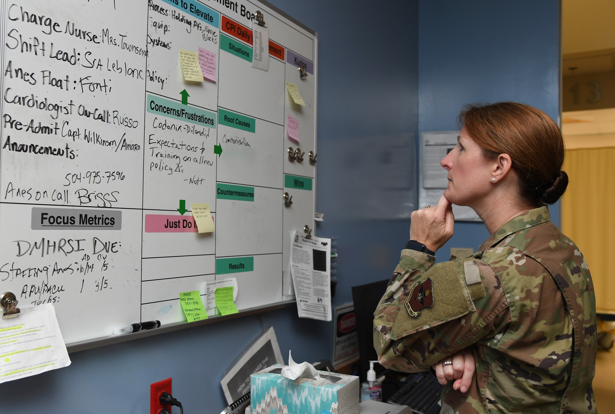 U.S. Air Force Col. Beatrice Dolihite, 81st Medical Group commander, reviews a daily management board at the post anesthesia care unit inside the Keesler Medical Center at Keesler Air Force Base, Mississippi, Oct. 1, 2019. The "Dragon Medic Experience" allowed the 81st MDG leadership to work side-by-side with group medics in order to understand the challenges and barriers they may face while providing care. It also allowed them to see first-hand the great ideas that the staff has implemented to focus on the patient experience. This experience helps us cultivate an environment where senior leadership has direct engagement and connection with our front line medics who strive to deliver outstanding care. (U.S. Air Force photo by Kemberly Groue)