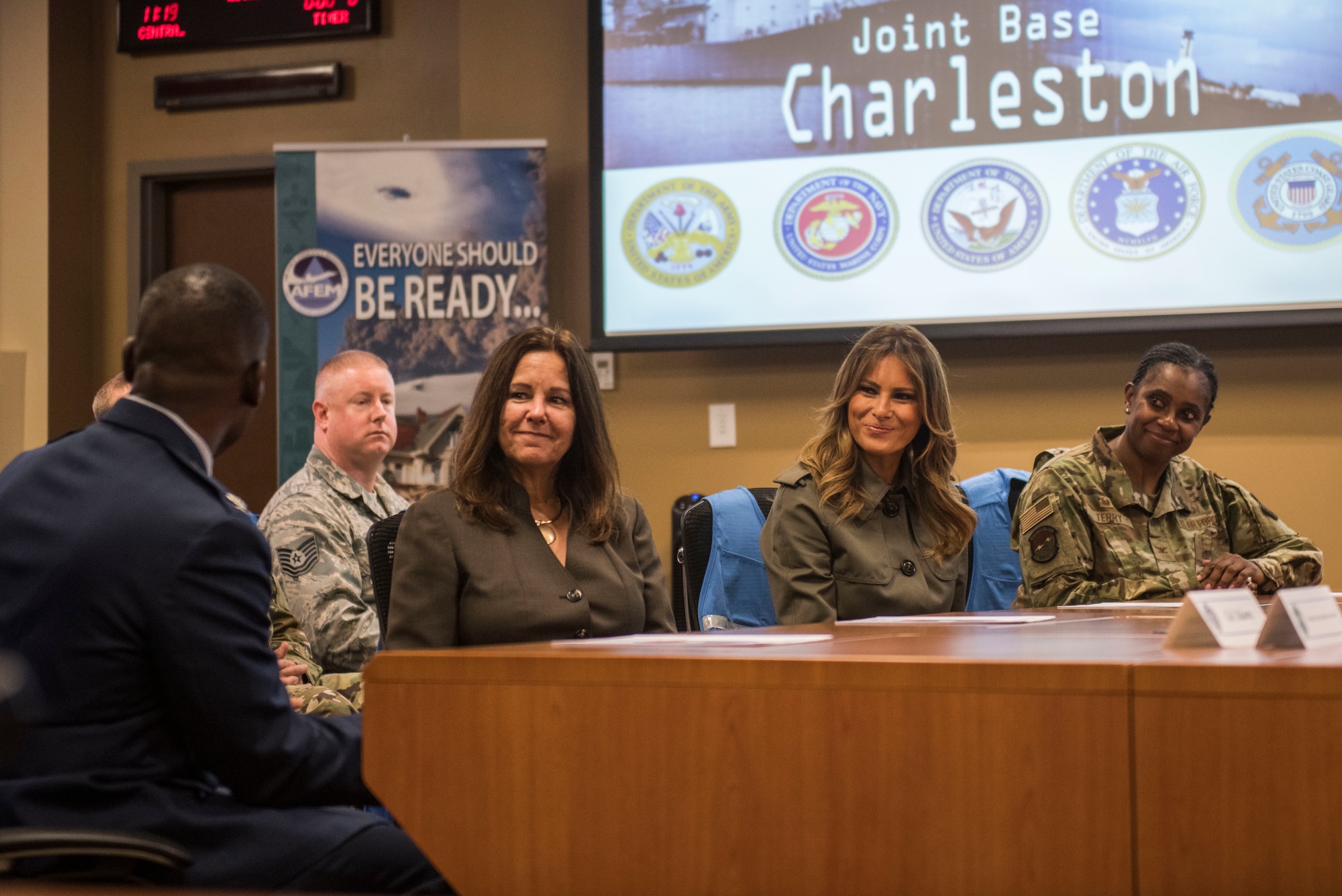First Lady Melania Trump and Second Lady Karen Pence are briefed on Joint Base Charleston’s disaster preparation and relief efforts at the JB Charleston Emergency Operations Center during their visit to JB Charleston, S.C. October 30, 2019. While here, they met with Airmen, Sailors, Soldiers, Marines, Coast Guardsmen, and students from Lambs Elementary School to learn more about the community’s capabilities in disaster response, relief and recovery efforts.