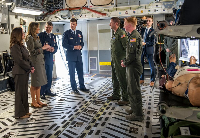 First Lady Melania Trump and Second Lady Karen Pence are briefed by members of the 315th Aeromedical Evacuation Squadron during a visit to Joint Base Charleston, S.C. October 30, 2019. While here, they met with Airmen, Sailors, Soldiers, Marines, Coast Guardsmen, and students from Lambs Elementary School to learn more about the community’s capabilities in disaster response, relief and recovery efforts.