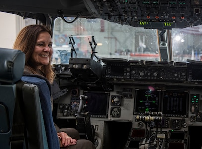 Second Lady Karen Pence sits in the cockpit of a C-17 Globemaster III during a visit to Joint Base Charleston, S.C. October 30, 2019. While here, she and First Lady Melania Trump met with Airmen, Sailors, Soldiers, Marines, Coast Guardsmen, and students from Lambs Elementary School to learn more about the community’s capabilities in disaster response, relief and recovery efforts.
