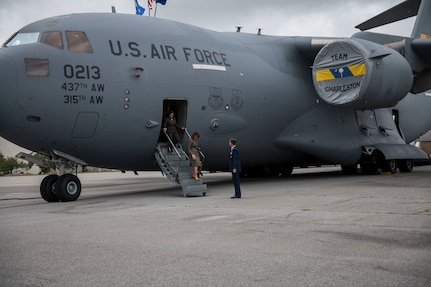 First Lady Melania Trump and Second Lady Karen Pence exit a C-17 Globemaster III during a visit to Joint Base Charleston, S.C. October 30, 2019. While here, they met with Airmen, Sailors, Soldiers, Marines, Coast Guardsmen, and students from Lambs Elementary School to learn more about the community’s capabilities in disaster response, relief and recovery efforts.