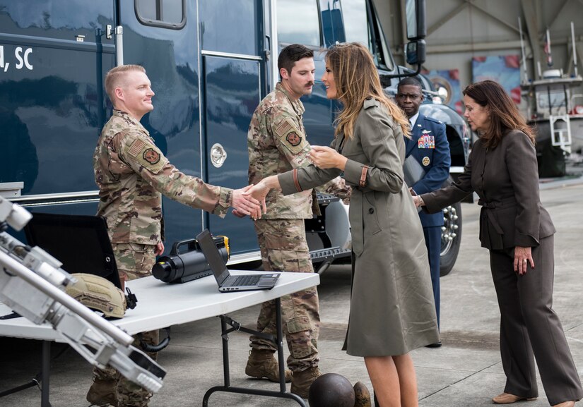 First Lady Melania Trump and Second Lady Karen Pence meet with members of the 628th Civil Engineer Squadron Explosive Ordnance Disposal Flight during their visit to Joint Base Charleston, S.C. October 30, 2019. While here, they met with Airmen, Sailors, Soldiers, Marines, Coast Guardsmen, and students from Lambs Elementary School to learn more about the community’s capabilities in disaster response, relief and recovery efforts.