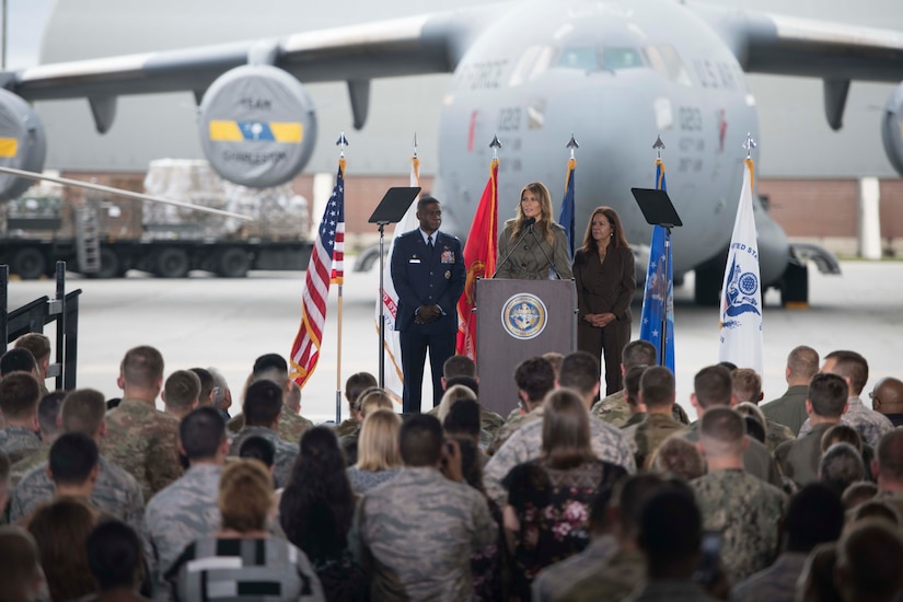 First Lady Melania Trump speaks to members of Team Charleston during a visit to Joint Base Charleston, S.C. October 30, 2019. While here, she and Second Lady Karen Pence met with Airmen, Sailors, Soldiers, Marines, Coast Guardsmen, and students from Lambs Elementary School to learn more about the community’s capabilities in disaster response, relief and recovery efforts.