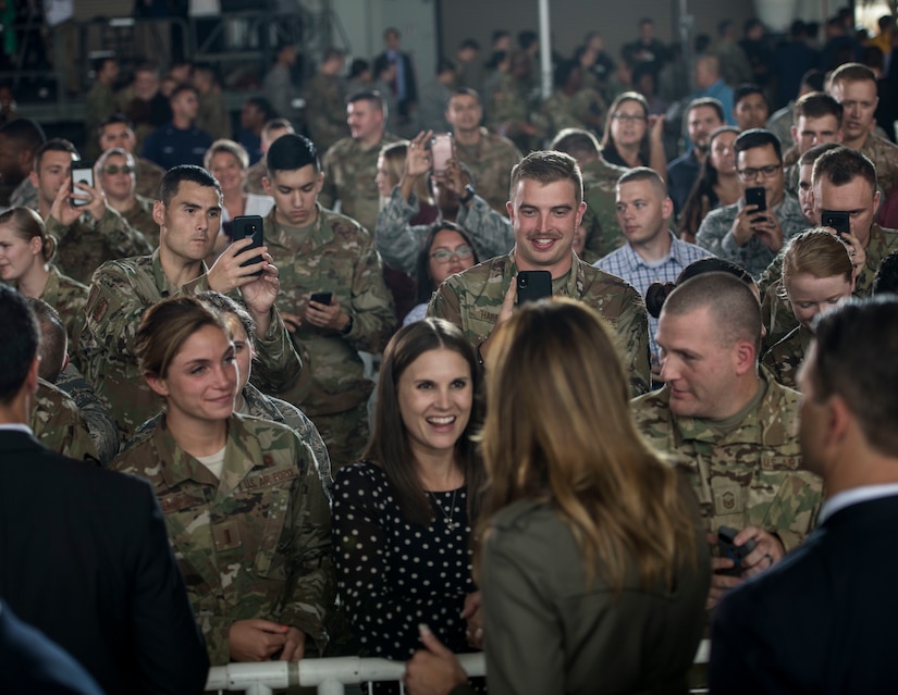 Members of Team Charleston meet First Lady Melania Trump during her visit to Joint Base Charleston, S.C. October 30, 2019. While here, she met with Airmen, Sailors, Soldiers, Marines, Coast Guardsmen, and students from Lambs Elementary School to learn more about the community’s capabilities in disaster response, relief and recovery efforts.