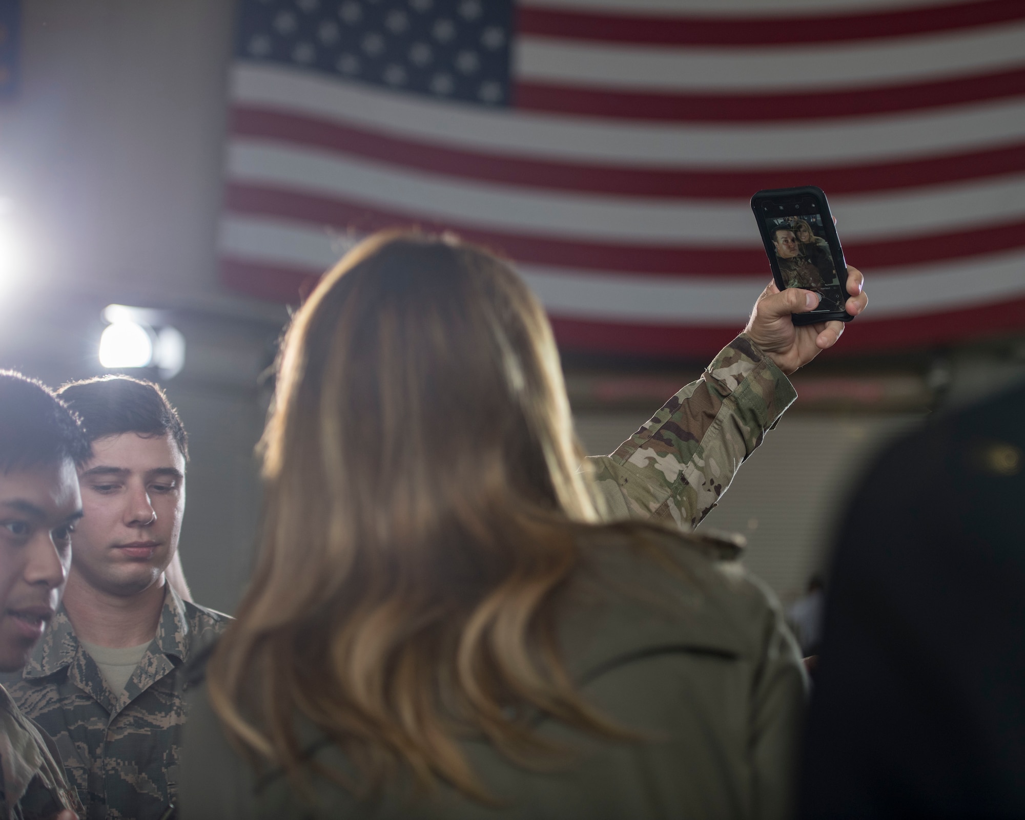 First Lady Melania Trump takes a selfie with a member of Team Charleston during her visit to Joint Base Charleston, S.C. October 30, 2019. While here, she met with Airmen, Sailors, Soldiers, Marines, Coast Guardsmen, and students from Lambs Elementary School to learn more about the community’s capabilities in disaster response, relief and recovery efforts.