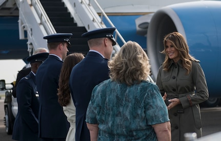 First Lady Melania Trump greets Joint Base Charleston leadership during her visit to JB Charleston, S.C. October 30, 2019. While here, Trump and Second Lady Karen Pence met with Airmen, Sailors, Soldiers, Marines, Coast Guardsmen and students from Lambs Elementary School to learn more about the community’s capabilities in disaster response, relief and recovery efforts.