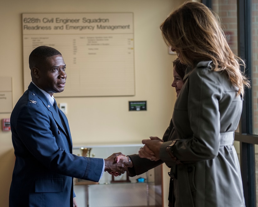 Col. Terrence Adams, Joint Base Charleston and 628th Air Base Wing commander, greets First Lady Melania Trump and Second Lady Karen Pence during a visit to JB Charleston, S.C. October 30, 2019. While here, they met with Airmen, Sailors, Soldiers, Marines, Coast Guardsmen and students from Lambs Elementary School to learn more about the community’s capabilities in disaster response, relief and recovery efforts.