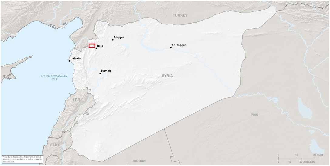 A map of Syria highlighting in red the approximate location of the Baghdadi raid.