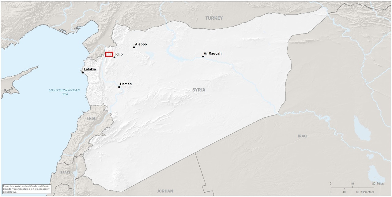A map of Syria highlighting in red the approximate location of the Baghdadi raid.