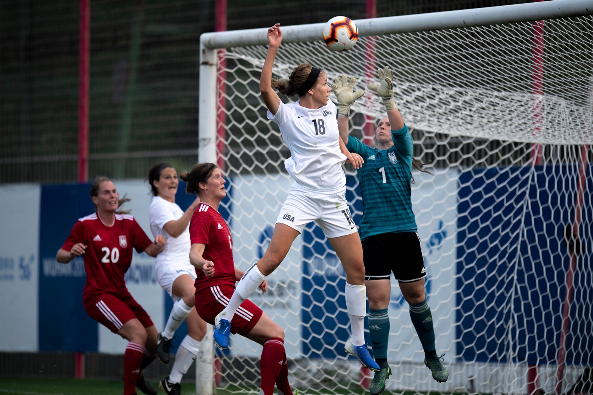 2nd Lt. Morgan Mavroudis, 412th Security Forces Squadron, playing for the U.S. Armed Forces Women’s Soccer team, attempts to score a goal during a preliminary game with Germany in the 2019 CISM Military World Games in Wuhan, China Oct. 17, 2019. The Council of International Sports for the Military games open Oct. 18, 2019 and close Oct. 28, 2019. (Photo courtesy of EJ Hersom, U.S. Armed Forces Sports)